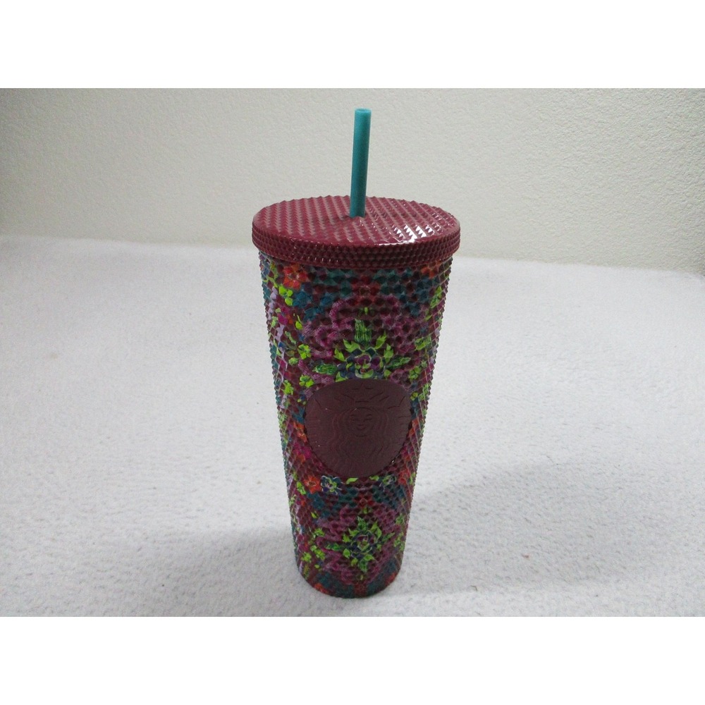 Starbucks Studded Floral Cold Cup Tumbler 24oz Reusable‎ With Straw Burgundy - Picture 2 of 6